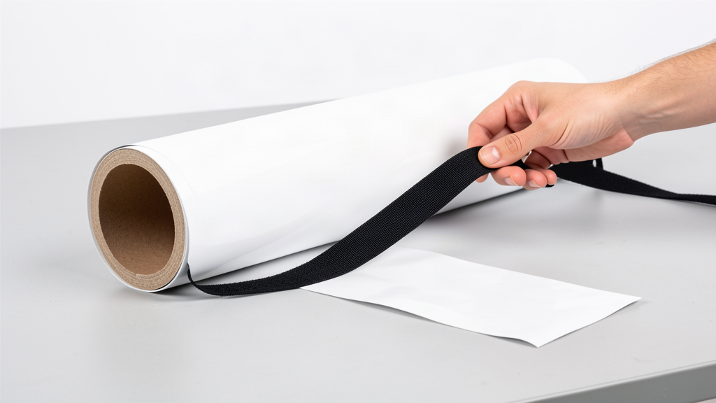 Soft strap being fitted loosely around a PVC banner rolled on a wide cardboard tube