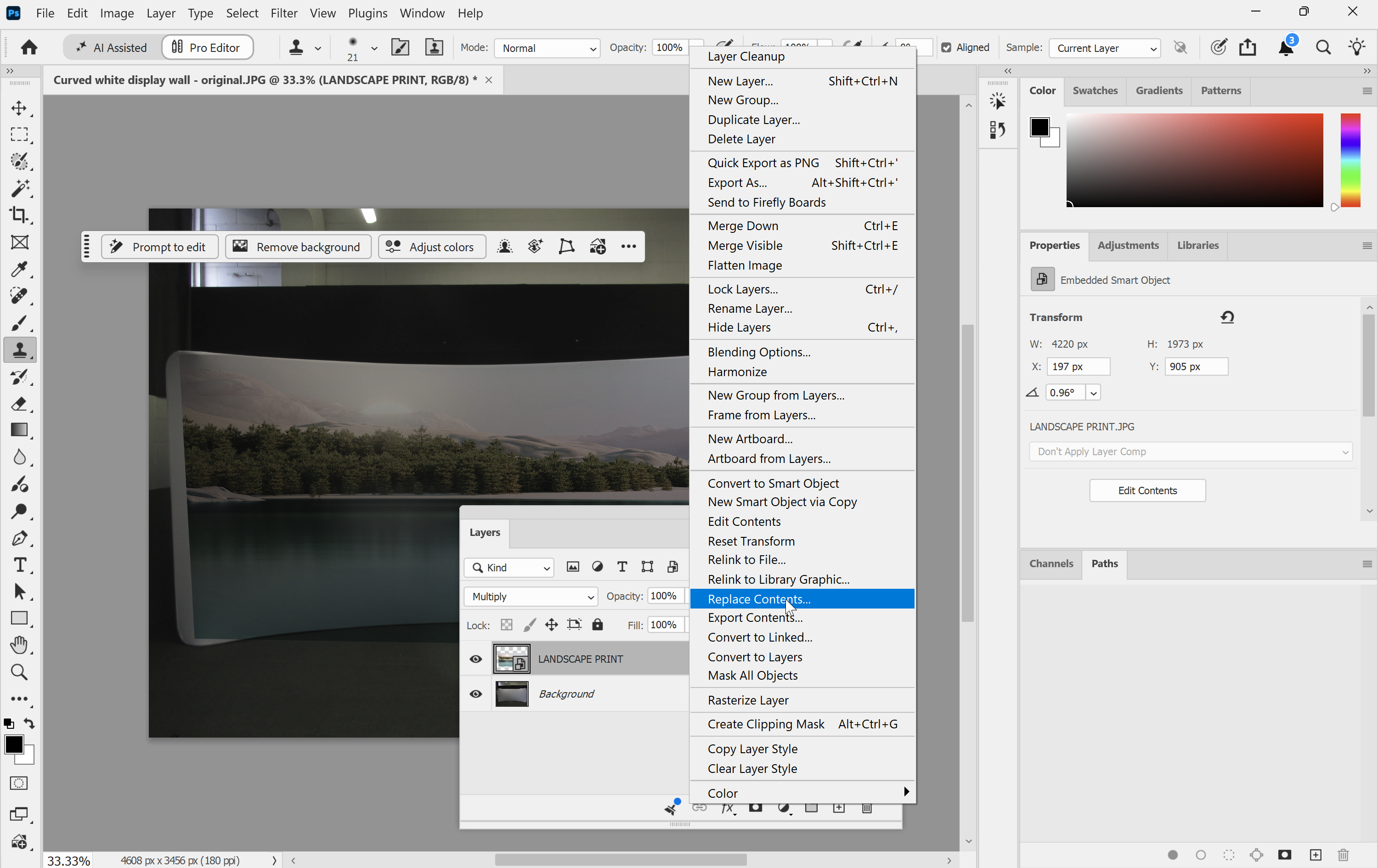 Photoshop layer menu with Replace Contents highlighted for the placed Smart Object artwork layer
