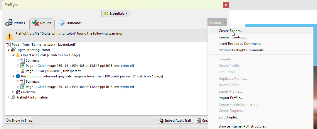 Acrobat Preflight Results panel Options menu with Create Report highlighted