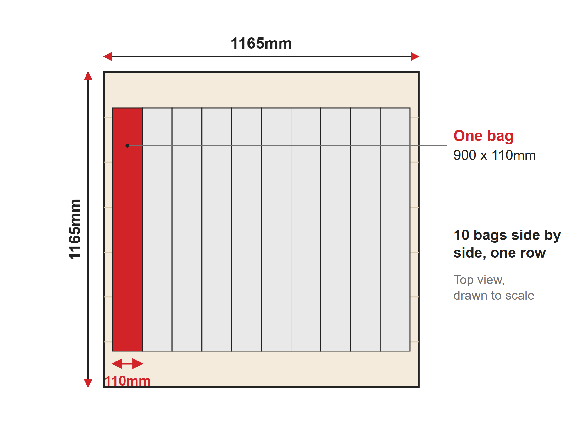 Top view diagram of ten flat carry bags standing side by side on a standard pallet