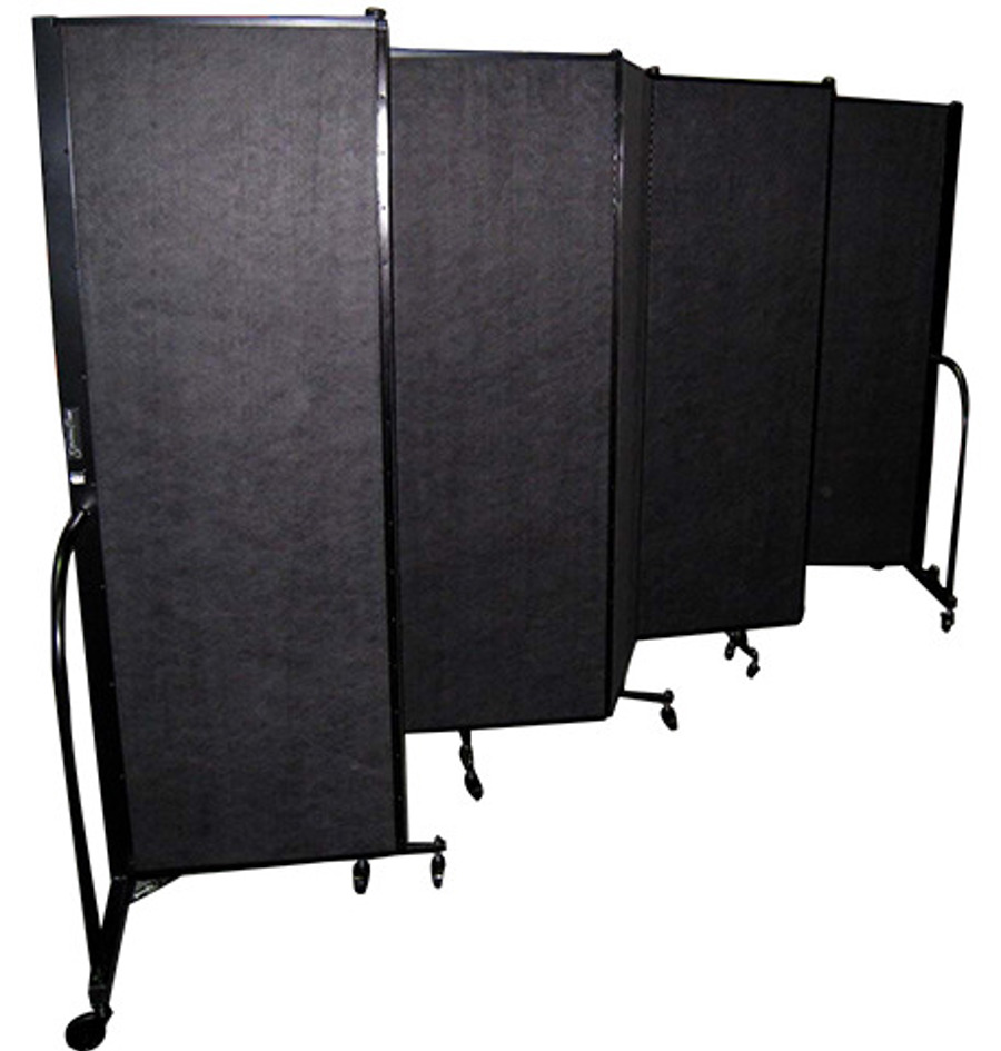 Charcoal folding room divider partly opened in a zig-zag, standing on castors