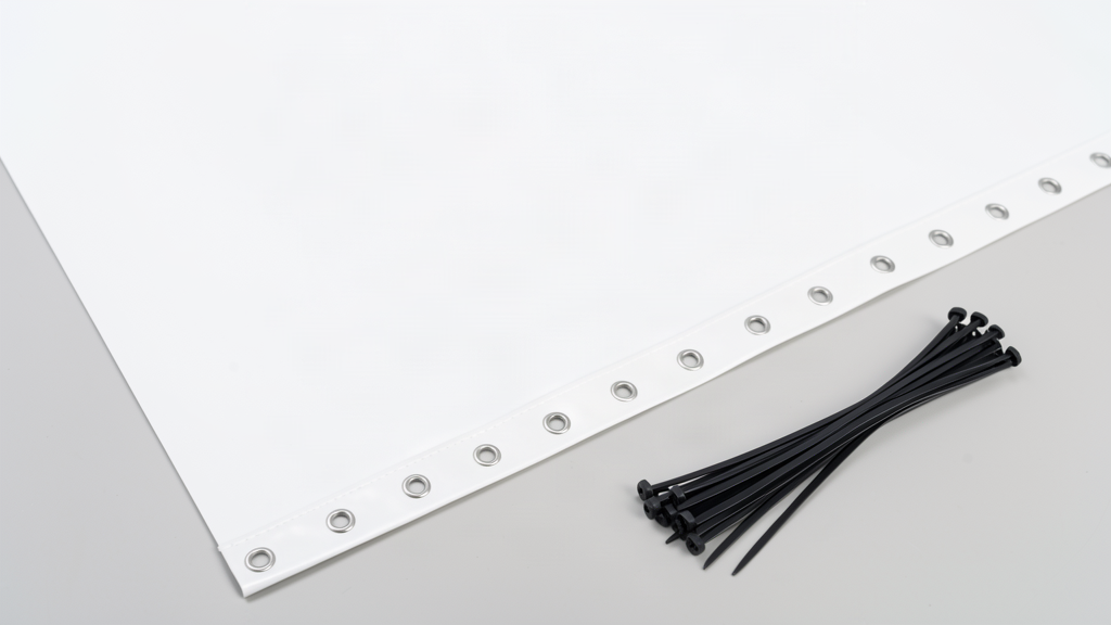 Back of a PVC banner showing the hem and eyelets, with cable ties ready