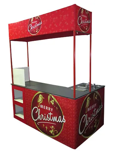 Foldable Christmas counter with red Merry Christmas header, sink and open end shelves