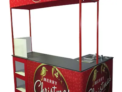 Foldable Christmas counter with red Merry Christmas header, sink and open end shelves