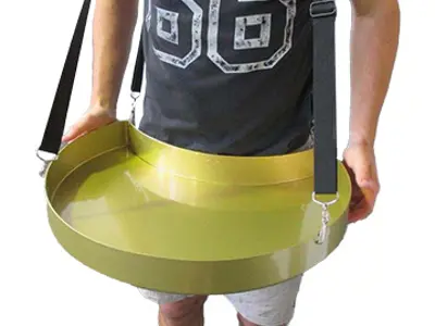 Gold sampling tray with a raised rim and curved inner edge on shoulder straps