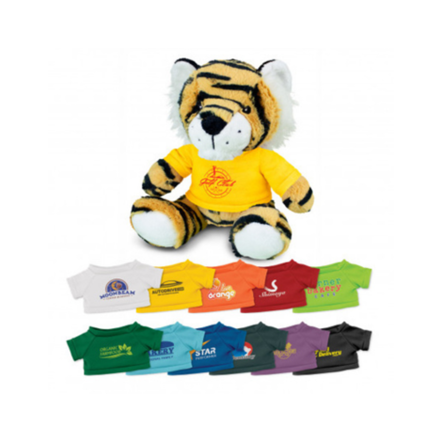 Plush tiger toy wearing a yellow printed T-shirt, with a row of small coloured T-shirts below showing the shirt colours available