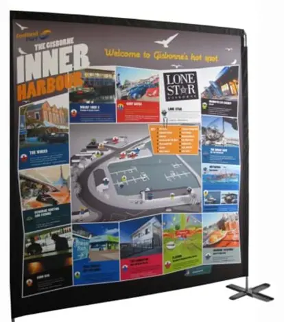 Gisborne Inner Harbour welcome map among photo panels on a frame with cross feet