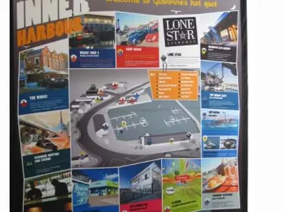Gisborne Inner Harbour welcome map among photo panels on a frame with cross feet