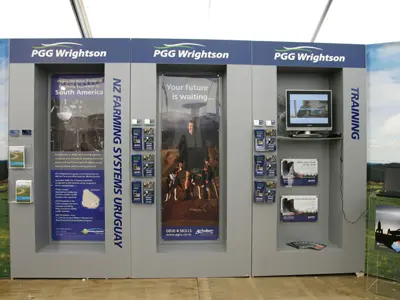 PGG Wrightson wall with recessed bays for farming, recruitment and training, each with brochures