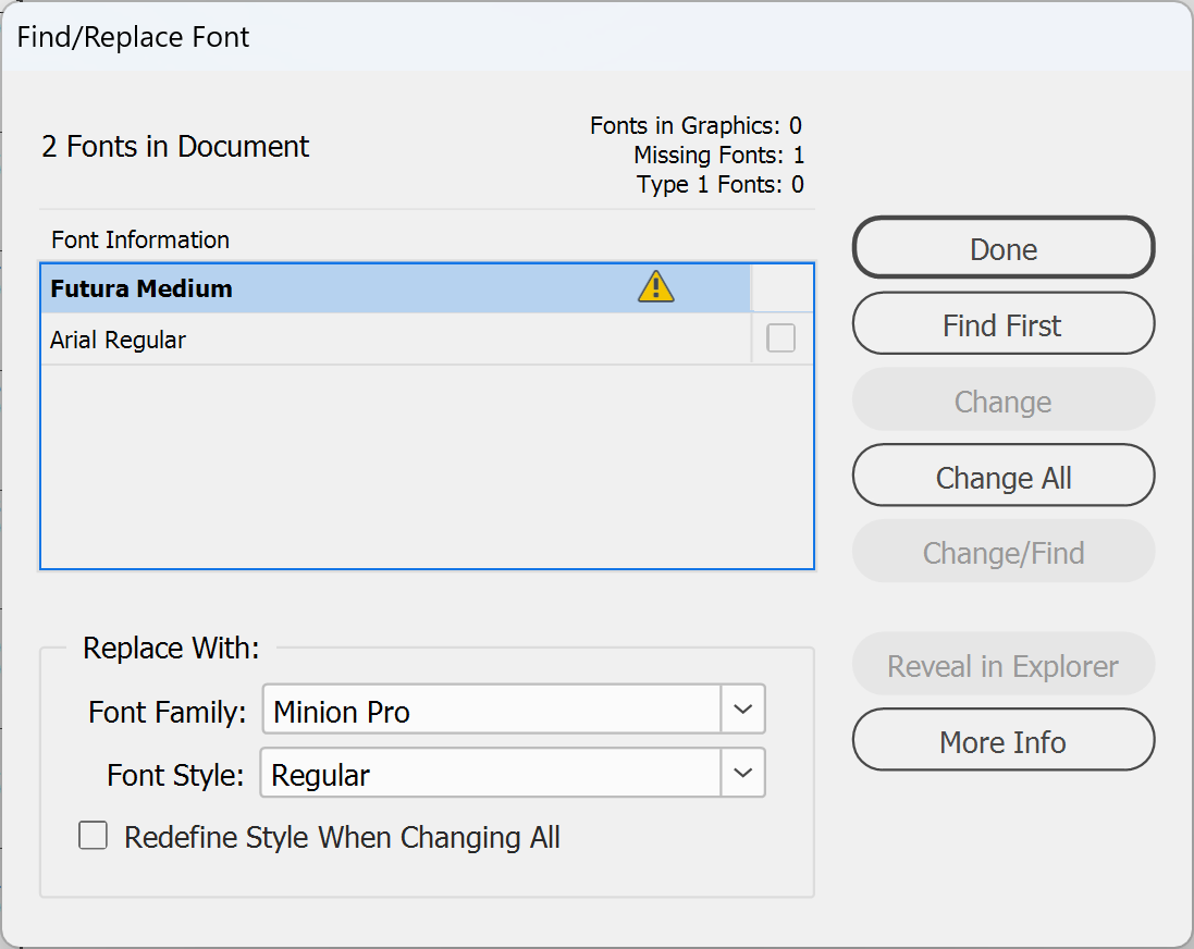 InDesign Find/Replace Font dialog with a missing font selected