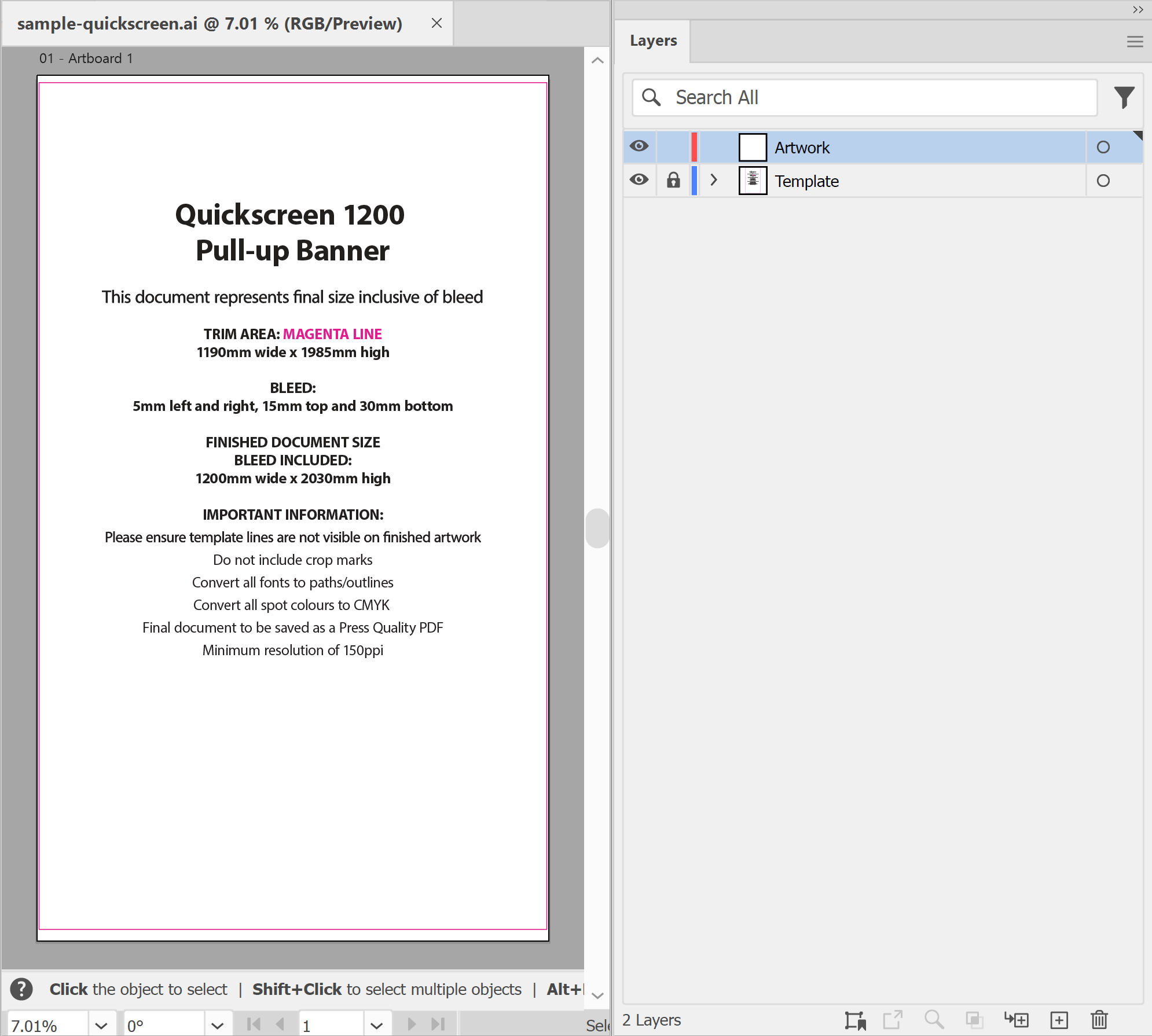 Illustrator Layers panel with the Template layer locked and a new Artwork layer selected above it