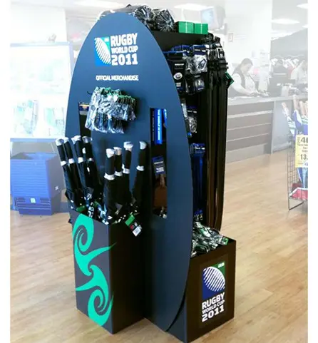 Rugby World Cup 2011 stand shaped like a ball, hung with umbrellas and lanyards