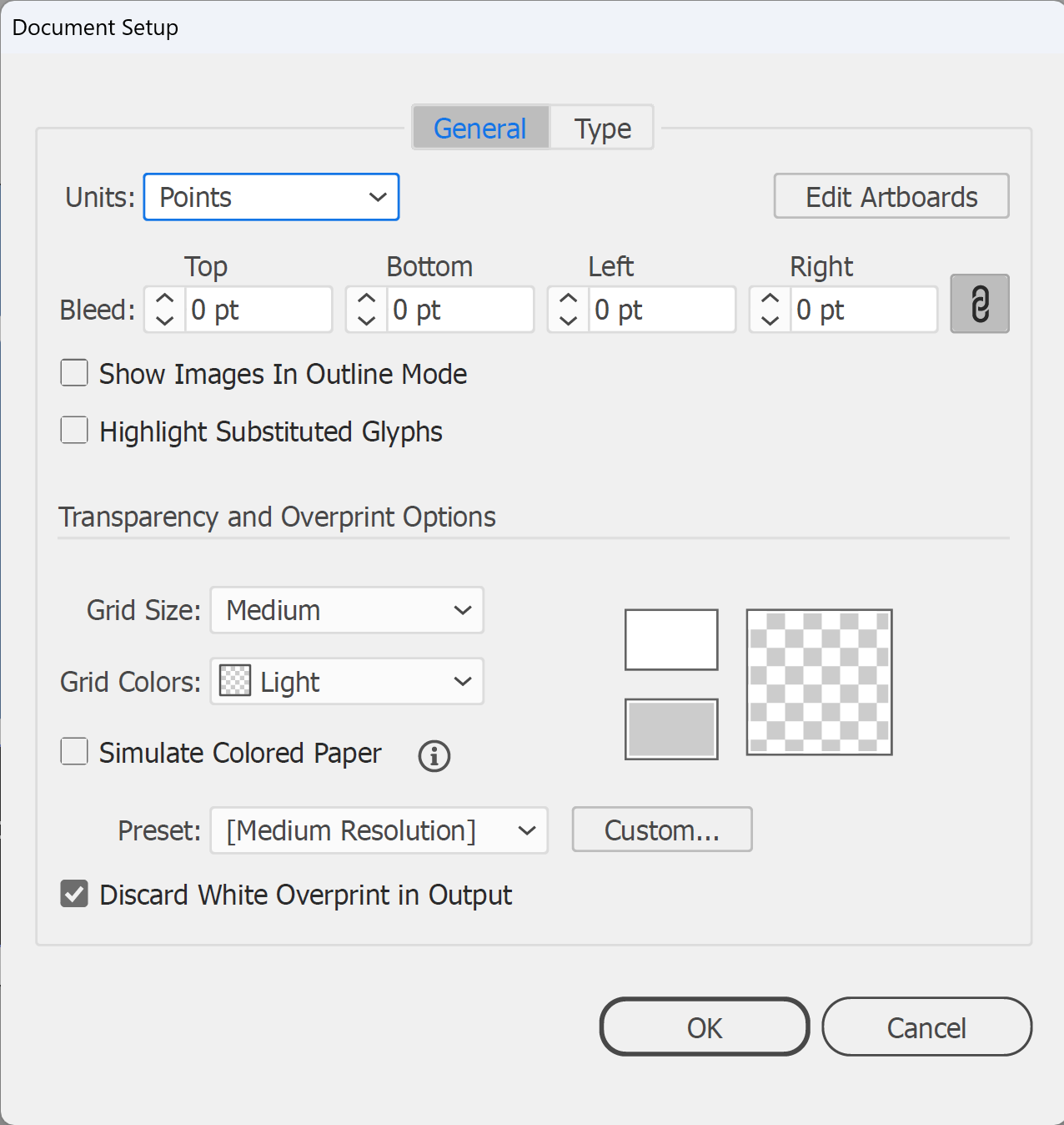 Illustrator Document Setup dialog with Discard White Overprint in Output ticked