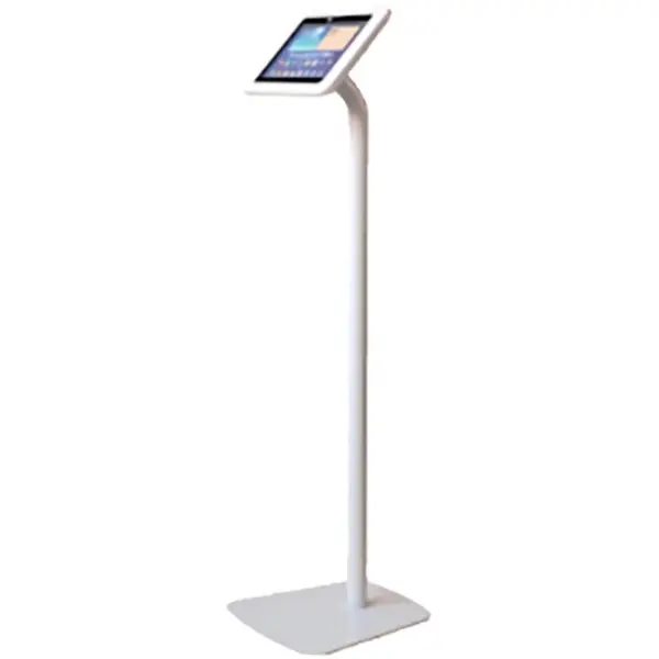 White tablet kiosk with a curved post, flat base and angled landscape enclosure