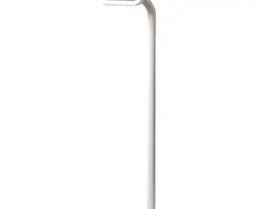 White tablet kiosk with a curved post, flat base and angled landscape enclosure