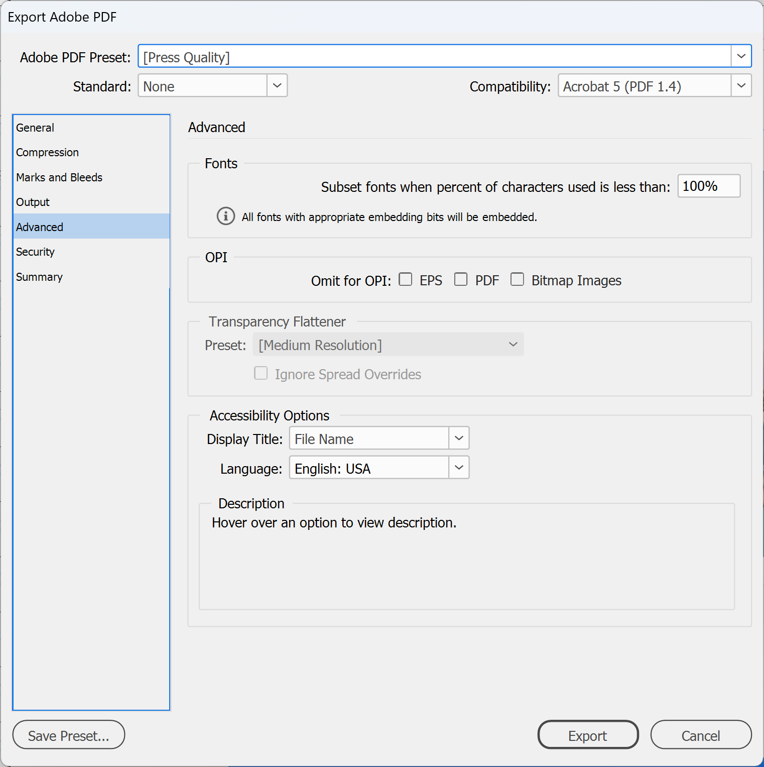 InDesign Export Adobe PDF Advanced panel with the font subset setting