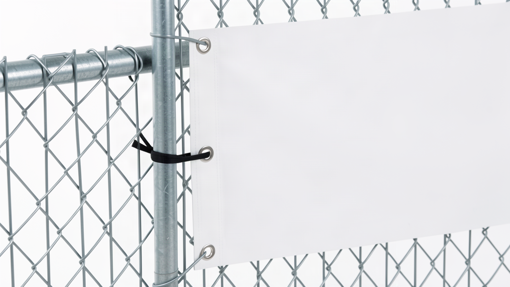 Banner tied to a temporary fence at the eyelet