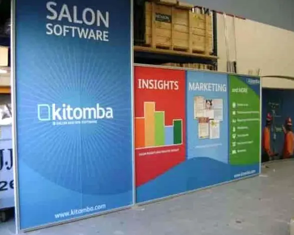 Four Kitomba salon software panels, a tall brand panel then Insights and Marketing features