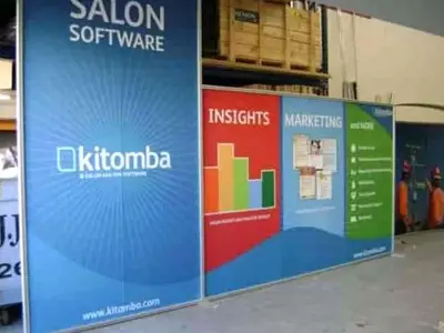 Four Kitomba salon software panels, a tall brand panel then Insights and Marketing features