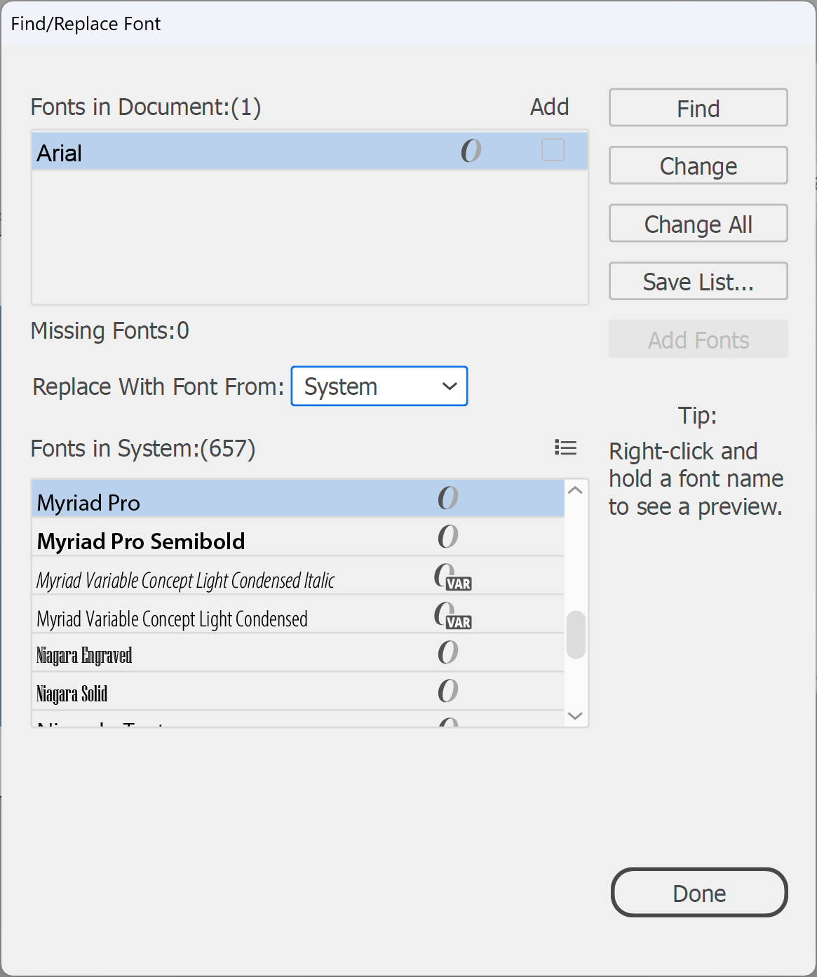 Illustrator Find/Replace Font dialog with a replacement font chosen