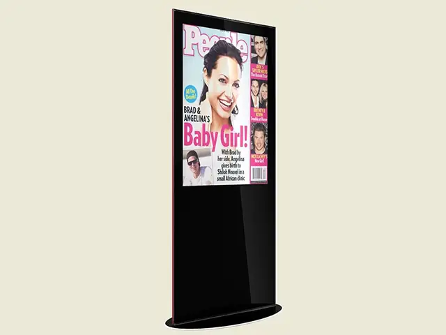 Tall black freestanding cabinet with a large portrait advertising screen on an oval base