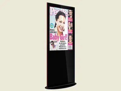 Tall black freestanding cabinet with a large portrait advertising screen on an oval base