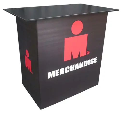 Black IRONMAN counter printed with Merchandise under a large red M-Dot logo