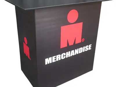 Black IRONMAN counter printed with Merchandise under a large red M-Dot logo