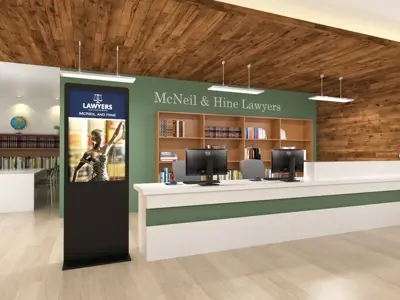 Concept design of a law firm lobby with a slim portrait screen kiosk by reception