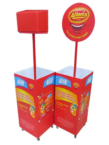 Allen's lolly bins on castors with a round pole sign and a box header