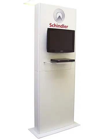 White Schindler kiosk with a monitor and a clear media shelf below the screen