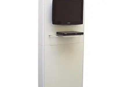 White Schindler kiosk with a monitor and a clear media shelf below the screen