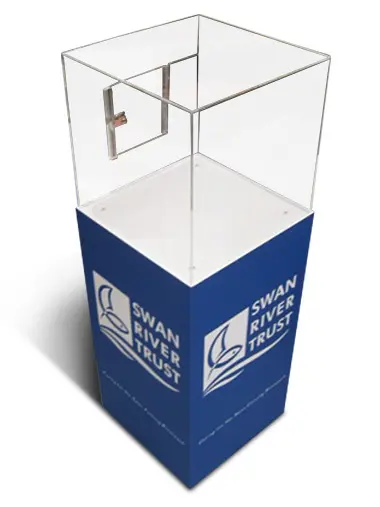 Swan River Trust entry box on a blue plinth, logo printed on two faces