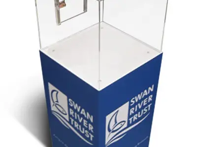 Swan River Trust entry box on a blue plinth, logo printed on two faces