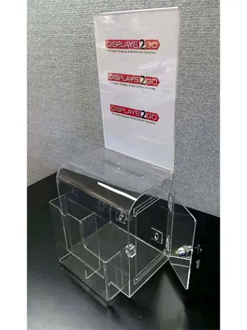 Clear entry box with card pockets, a tall sign holder and a lockable side door