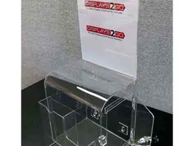 Clear entry box with card pockets, a tall sign holder and a lockable side door