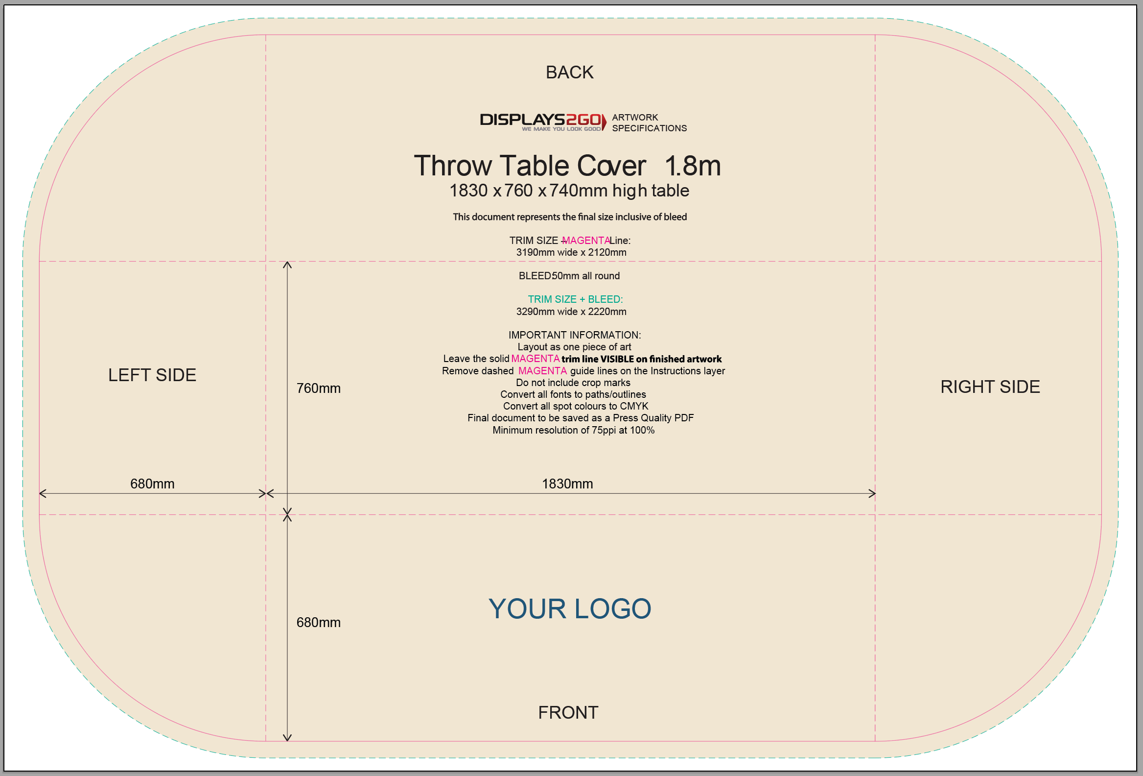 Illustrator table cloth template with the logo centred on the front drop between the guide lines