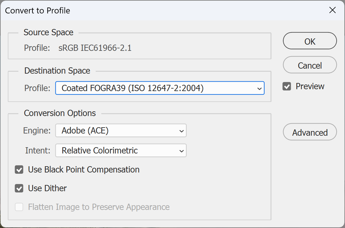 Photoshop Convert to Profile dialog converting an image to Coated FOGRA39