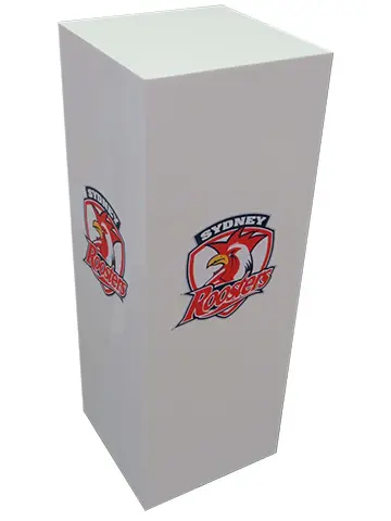 Gloss white plinth with the Sydney Roosters crest on two faces and a flat top