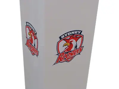 Gloss white plinth with the Sydney Roosters crest on two faces and a flat top