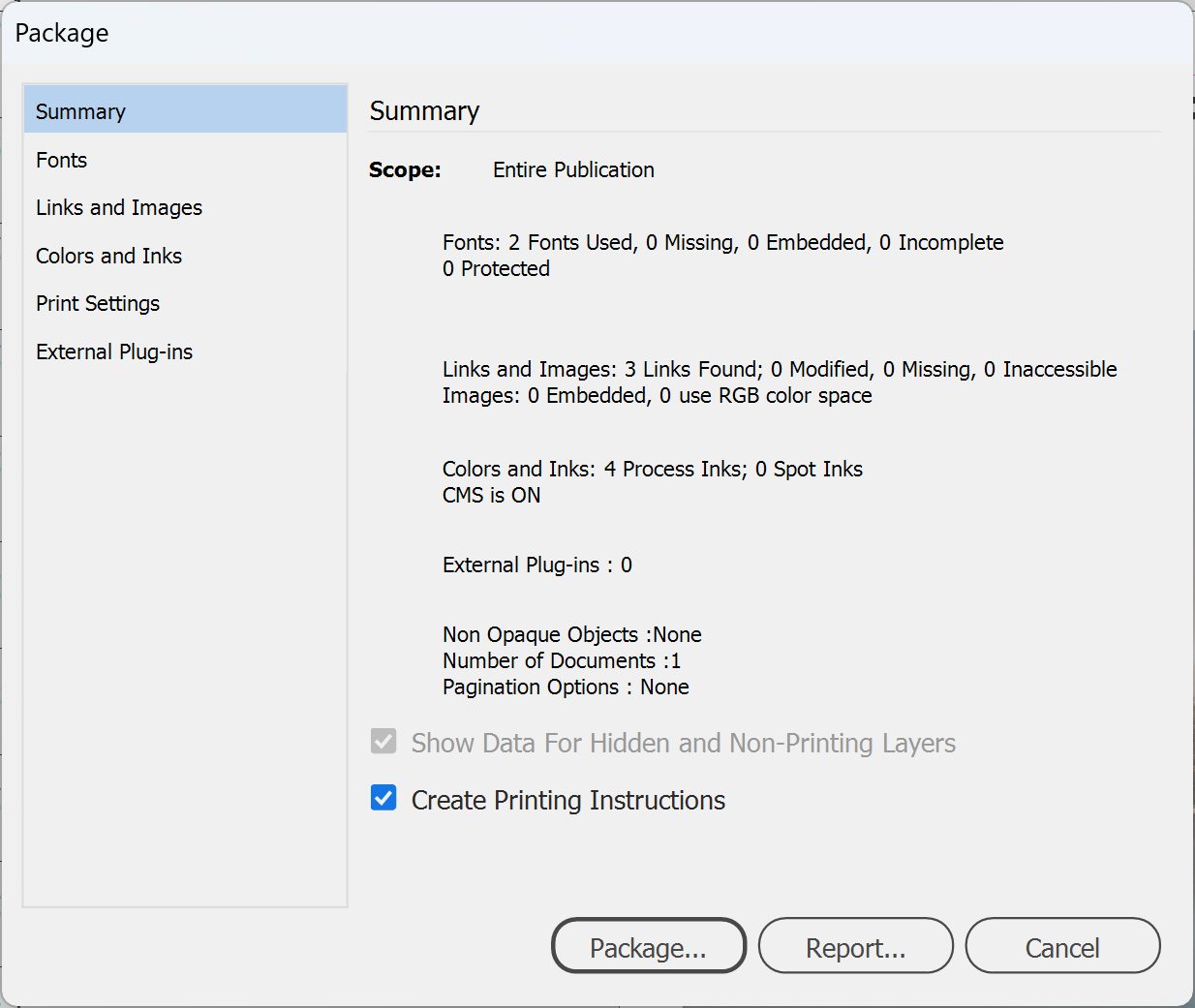 InDesign Package dialog Summary with no problems found