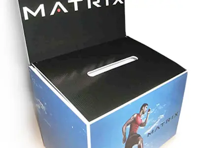 Matrix suggestion box with a raised logo panel and runner imagery around the sides