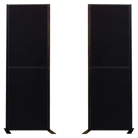 Two tall black divider screens, each with upper and lower fabric faces, on flat feet