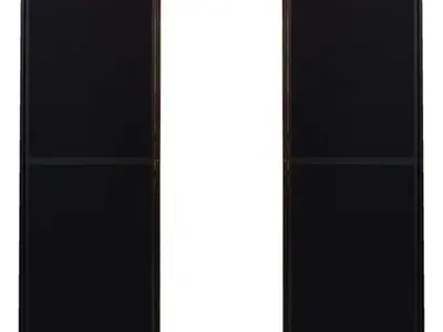 Two tall black divider screens, each with upper and lower fabric faces, on flat feet