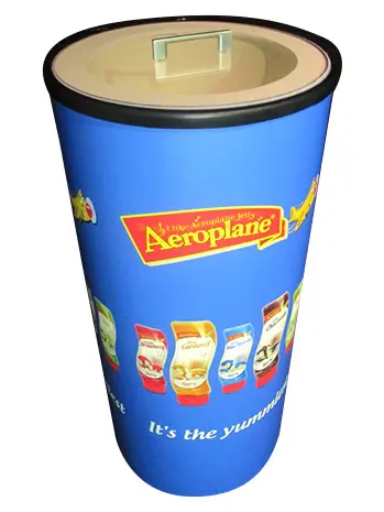 Round Aeroplane sampling bin in a blue wrap, closed with a lid and handle