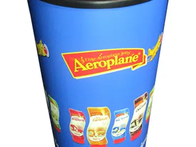 Round Aeroplane sampling bin in a blue wrap, closed with a lid and handle