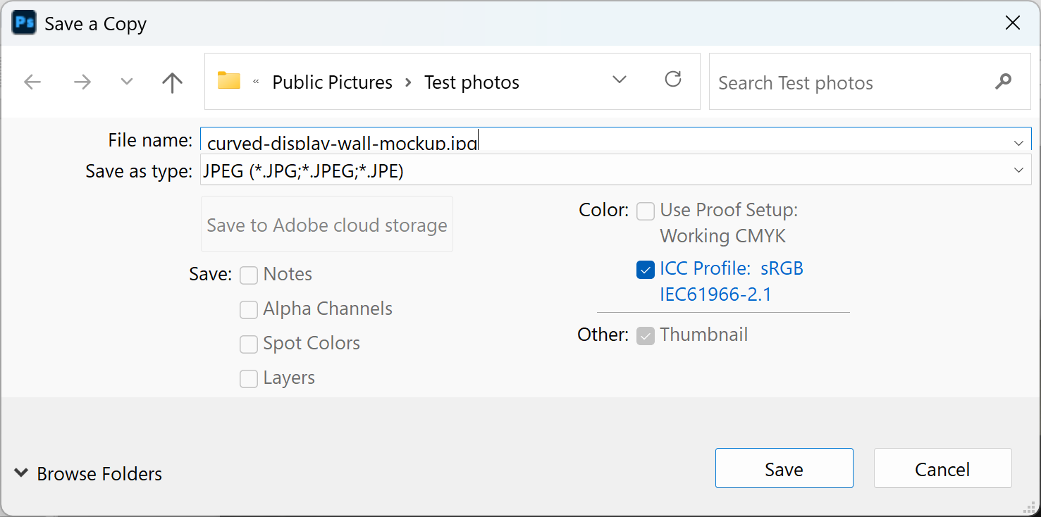 Photoshop Save a Copy dialog with JPEG chosen for the mock-up image