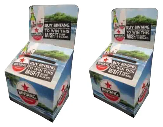 Bintang cardboard entry boxes with a surfboard prize header and tropical beach artwork