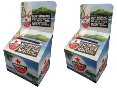 Bintang cardboard entry boxes with a surfboard prize header and tropical beach artwork
