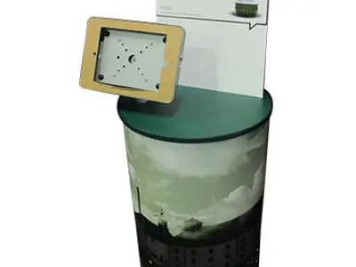 Round Laphroaig tasting plinth with a tablet holder and What's your opinion? card